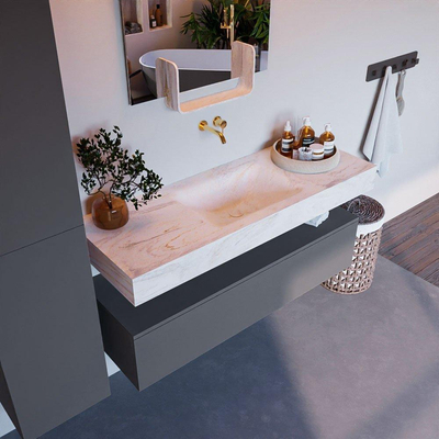 Mondiaz ALAN-DLUX Ensemble de meuble - 130cm - meuble - Plata mat - 1 tiroir - Lavabo Cloud Ostra suspendu - vasque Centre - 0 trous de robinet - Beige