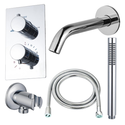 Fortifura Calvi Ensemble de robinet de baignoire - bec - 22cm réductible - flexible métallique - douchette à main - partie encastrable - support mural - chrome