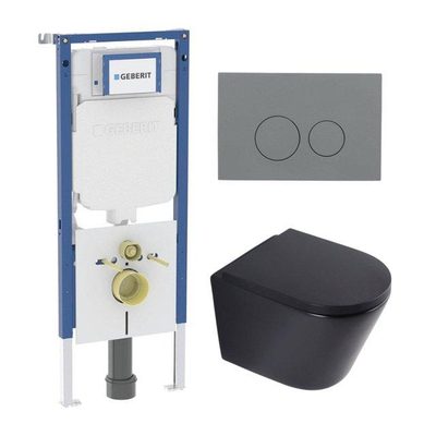 QeramiQ Dely Toiletset - 36.3x51.7cm - diepspoel - rimless - Geberit UP720 inbouwreservoir - softclose toilet zitting 35 mm - bedieningsplaat licht grijs - ronde knoppen - mat zwart