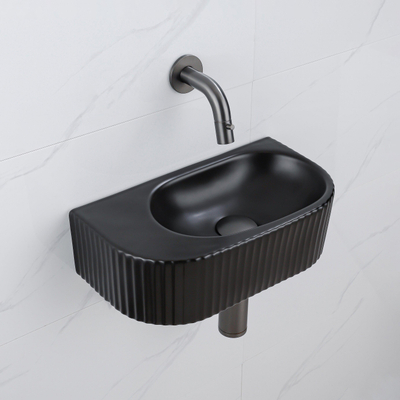 QeramiQ Fuente Ensemble de Lavabo - 40x21.5x12cm - strié - demi-rond - céramique - ensemble de robinet gunmetal - bouchon de vidange - siphon abaissé - noir mat