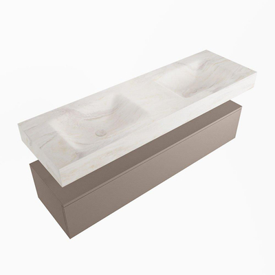 Mondiaz ALAN-DLUX Ensemble de meuble - 150cm - meuble Smoke mat - 1 tiroir - Lavabo Cloud Ostra suspendu - vasque Gauche et droite - 2 trous de robinet