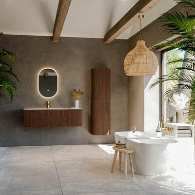 MONDIAZ KURVE-DLUX Meuble de salle de bains 135 cm avec module 25 R couleur Walnut avec 1 tiroir et 1 porte. Lavabo BIG MEDIUM gauche 1 trou de robinet couleur Glace.