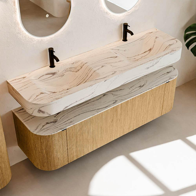 MONDIAZ THOR-DLUX 160cm meuble de salle de bains arrondi gauche + droite couleur Oak avec 1 tiroir et 2 portes. Vasque suspendue CLOUD Double 2 trous de robinet couleur Nata.