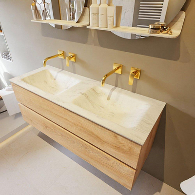 MONDIAZ VICA-DLUX Ensemble meuble de salle de bains - 130cm - meuble bas washed oak - 2 tiroirs - lavabo encastré cloud double - sans perçage pour robinet - version haute 60cm - opalo