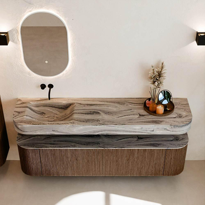 MONDIAZ THOR-DLUX 180cm badmeubel ronding links + rechts kleur Walnut met 2 lades en 2 deuren. Vrijhangende wastafel CLOUD Links zonder kraangat kleur Sombra.