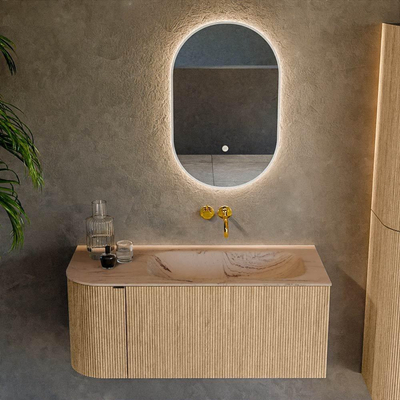 MONDIAZ KURVE-DLUX Meuble de salle de bains 105cm arrondi à gauche couleur Chêne avec 1 tiroir et 1 porte. Lavabo BIG SMALL droit sans trou de robinet Arena.