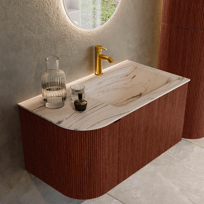 MONDIAZ KURVE-DLUX Meuble de salle de bains 85cm arrondi à gauche couleur Ruby avec 1 tiroir et 1 porte. Lavabo CLOUD à droite 1 trou de robinet Nata.