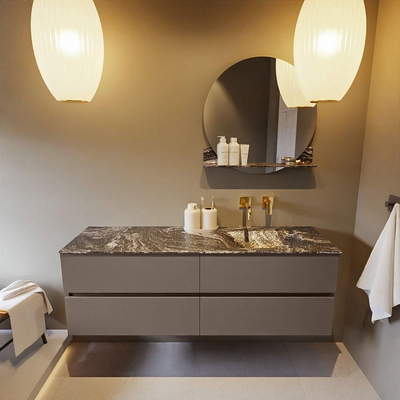 Mondiaz VICA-DLUX ensemble de meuble de salle de bain - 150cm - meuble sous-vasque fumée - 4 tiroirs - lavabo encastré nuage droite - sans trous de robinet - miroir modèle spot - version XL 60cm haut - lave