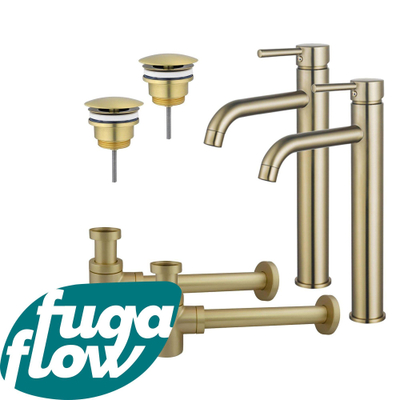 FugaFlow Eccelente Sobrado Badkamer Wastafelkraanset - voor dubbele wastafel - verhoogde wastafelkraan - always open plug - verlaagde design sifon - PVD Geborsteld Messing