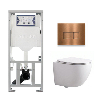 Pack WC QeramiQ Dely Swirl Compact - réservoir encastrable Geberit UP320 - avec bâti-support Burda - abattant slim - plaque de commande en métal cuivre - boutons rectangulaires - blanc brillant