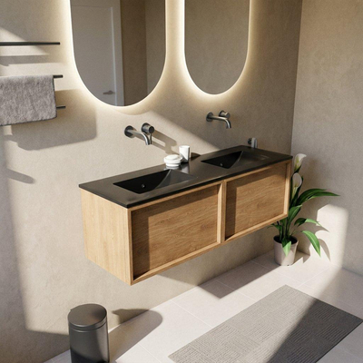 Saniclass Holz Frame Ensemble meuble de salle de bains - 140x45x42cm - lavabo Vygo en céramique noir - 2 vasques - sans trous de robinetterie - 2 tiroirs - chêne natural mat (bois)