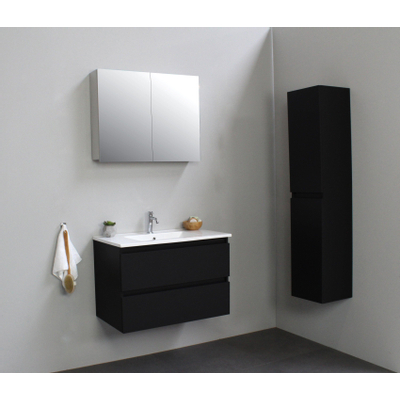Basic Bella Ensemble salle de bains 80x55x46cm vasque en céramique avec 1 trou de robinet 2 portes panneaux latéraux noir mat et armoire de toilette Noir mat