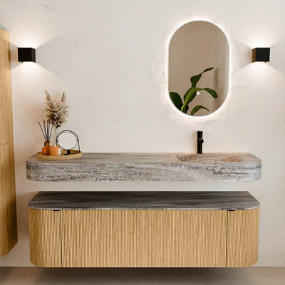 MONDIAZ THOR-DLUX 160cm badmeubel ronding links + rechts kleur Oak met 1 lade en 2 deuren. Vrijhangende wastafel CLOUD Rechts 1 kraangat kleur Oza.