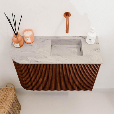 Mondiaz JOYA-DLUX 61.6cm toiletmeubel - ronding links kleur Ruby - Wastafel FAYE positie Rechts Zonder kraangat kleur Glace.