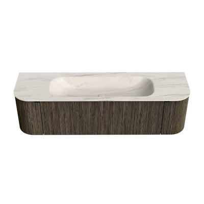 MONDIAZ KURVE-DLUX Meuble de salle de bains 160cm arrondi gauche + droite couleur Shadow avec 1 tiroir et 2 portes. Lavabo BIG MEDIUM central sans trou de robinet Meli.