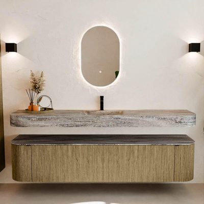 MONDIAZ THOR-DLUX Meuble de salle de bains - 200cm - arrondi gauche + droite - couleur Dusk - 2 tiroirs - 2 portes - Vasque suspendue CLOUD Milieu 1 trou de robinet couleur Oza