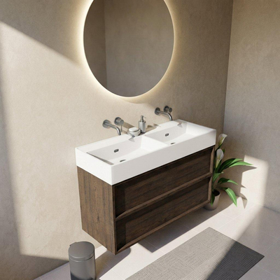 Saniclass Holz Frame Ensemble meuble de salle de bains - 120x45x72cm - Legend lavabo en céramique blanc mat - 2 vasques - 2 trous de robinetterie - 2 tiroirs - chêne charcoal mat (bois)