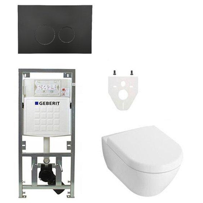 Villeroy en Boch Subway 2.0 DirectFlush toiletset met Geberit reservoir en bedieningsplaat met ronde knoppen softclose toiletzitting mat zwart