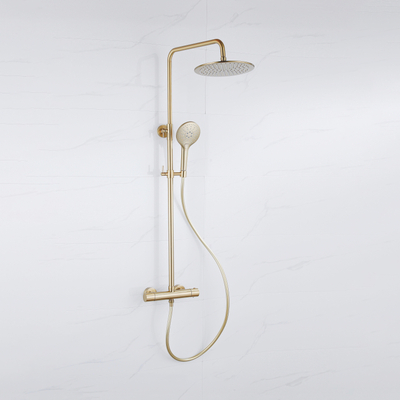 Fortifura Calvi Ensemble de douche thermostatique à effet pluie – tête de douche 25 cm – flexible lisse – douchette ronde – laiton brossé PVD.