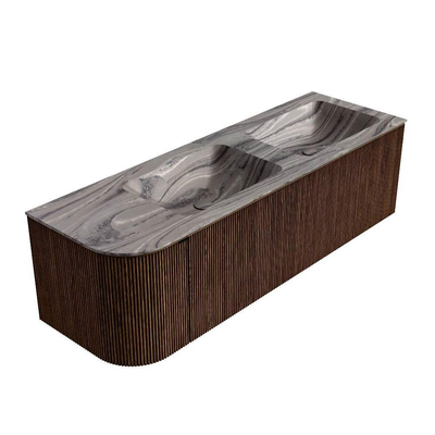 MONDIAZ KURVE-DLUX Meuble de salle de bains 145cm arrondi à gauche couleur Walnut avec 1 tiroir et 1 porte. Lavabo LEAF Double / Droite 2 trous de robinet Sombra.