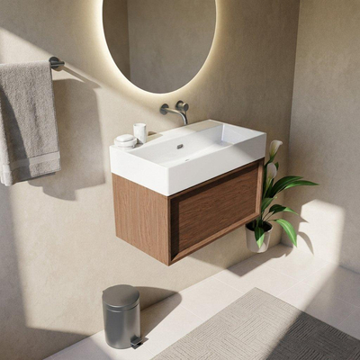 Saniclass Holz Frame Ensemble de meuble de salle de bains - 80x45x52cm - Legend lavabo en céramique blanc - 1 vasque - sans trou de robinetterie - 1 tiroir - walnut pure mat (bois)