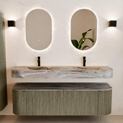 MONDIAZ THOR-DLUX 160cm meuble de salle de bains arrondi gauche + droite couleur Shadow avec 1 tiroir et 2 portes. Vasque suspendue CLOUD Double 2 trous de robinet couleur Sombra.