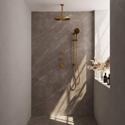 Brauer Gold Edition Ensemble de douche pluie encastré - douche principale 30cm - bras plafond 20cm - 3 boutons lisses - douchette ronde 3 positions - PVD - or brossé