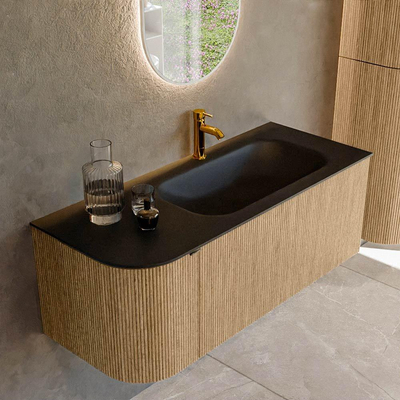 MONDIAZ KURVE Meuble de salle de bains 115 cm avec module 25 L couleur chêne avec 1 tiroir et 1 porte. Lavabo BIG SMALL à droite 1 trou de robinet Urban.