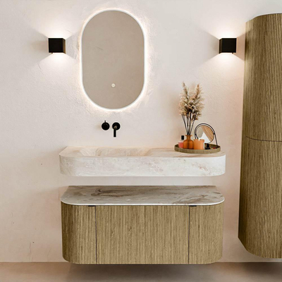 MONDIAZ THOR-DLUX Meuble de salle de bains 110cm arrondi gauche + droite couleur Dusk avec 1 tiroir et 2 portes. Vasque suspendue CLOUD Gauche sans trou de robinet couleur Frappe.