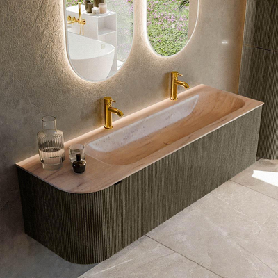 MONDIAZ KURVE-DLUX 145cm meuble de salle de bains arrondi Gauche couleur Shadow avec 1 tiroir et 1 porte. Lavabo BIG LARGE Droit 2 trous de robinet Saba.