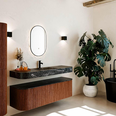 MONDIAZ THOR-DLUX 150cm meuble de salle de bains arrondi gauche + droite couleur Ruby avec 1 tiroir et 2 portes. Vasque suspendue CLOUD Milieu 1 trou de robinet couleur Lava.