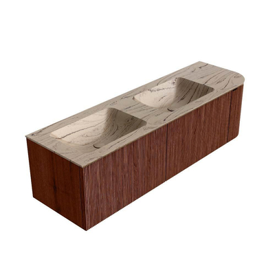 MONDIAZ KURVE-DLUX Meuble de salle de bains 155cm arrondi à droite couleur Ruby avec 2 tiroirs et 1 porte. Lavabo LEAF Double / Orifices de robinet gauche 2 Arena.