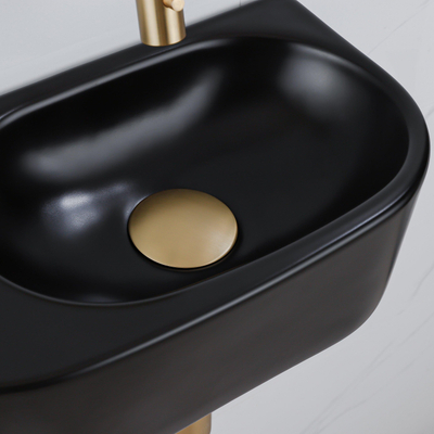 QeramiQ Fuente Ensemble de Lavabo - 40x21.5x12cm - lisse - demi-rond - céramique - ensemble de robinet en laiton brossé - bouchon de vidange - siphon abaissé - noir mat