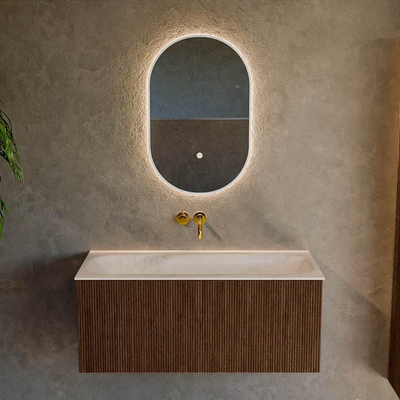 MONDIAZ KURVE-DLUX Meuble de salle de bains 100 cm couleur Walnut avec 1 tiroir et 0 porte. Vasque BIG MEDIUM Centrale sans trou de robinet Meli.