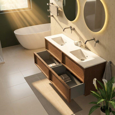 Saniclass Holz Frame Ensemble de meubles de salle de bains - 160x45x62cm - lavabo Vygo en céramique blanc - 2 vasques - sans trous de robinetterie - 4 tiroirs - noyer pure mat (bois)
