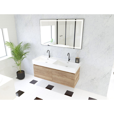 HR Matrix ensemble meuble de salle de bain 3d 120cm 2 tiroirs sans poignée avec bandeau en couleur chêne français avec vasque kube double 2 robinets blanc