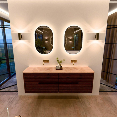 Mondiaz CIRO-DLUX Meuble de salle de bains - 160x45x50cm - plan vasque en solid surface Saba - 2 vasques Double - sans trous de robinetterie - 4 tiroirs - Ruby