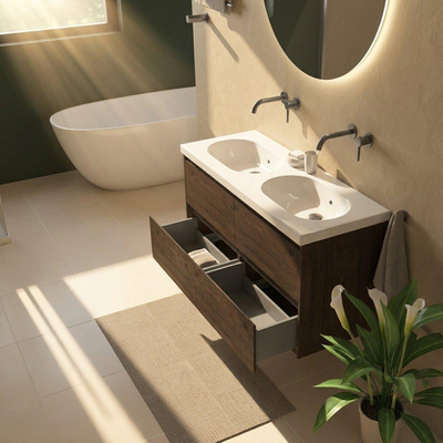 Saniclass Holz Pure Ensemble meuble de salle de bains - 120x45x63.5cm - lavabo Palermo en céramique blanc - 2 vasques - sans trous de robinet - 4 tiroirs - chêne charcoal mat (bois)