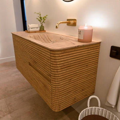 Mondiaz CIRO-DLUX Meuble de salle de bains - 110x45x50cm - plan-vasque Solid surface Arena - 1 vasque à droite - sans trous de robinetterie - 2 tiroirs - Chêne