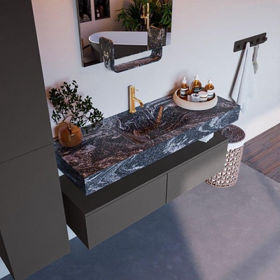 Mondiaz ALAN-DLUX Ensemble de meuble - 130cm - meuble Dark grey mat - 2 tiroirs - Lavabo Cloud Lava suspendu - vasque Centre - 1 trou de robinet