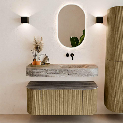 MONDIAZ THOR-DLUX 110cm meuble de salle de bains arrondi gauche + droite couleur Dusk avec 1 tiroir et 2 portes. Vasque suspendue CLOUD Droite sans trou de robinet couleur Oza.