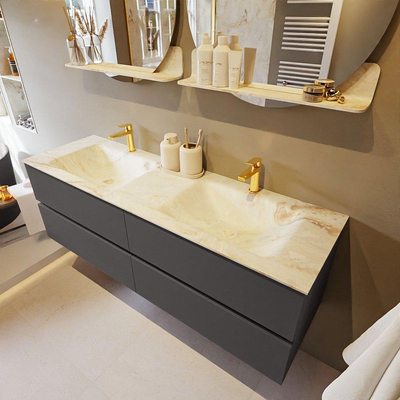 MONDIAZ VICA-DLUX Ensemble meuble de salle de bains - 150cm - meuble bas dark grey - 4 tiroirs - lavabo encastré cloud double - 2 trous de robinet - version haute 60cm - frape