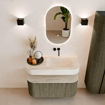 MONDIAZ THOR-DLUX 100cm meuble de salle de bains arrondi gauche + droite couleur Shadow avec 1 tiroir et 2 portes. Vasque suspendue CLOUD droite sans trou de robinet couleur Meli.