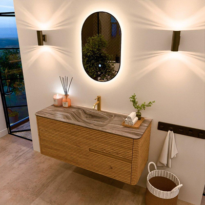 Mondiaz CIRO-DLUX Meuble de salle de bains - 120x45x50cm - Plan vasque solid surface Sombra - 1 vasque Centrale - 1 trou de robinet - 2 tiroirs - Chêne