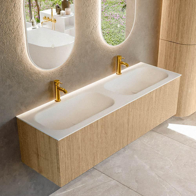 MONDIAZ KURVE Meuble de salle de bains 150cm couleur Oak avec 2 tiroirs. Lavabo BIG SMALL double 2 trous de robinet Talc.