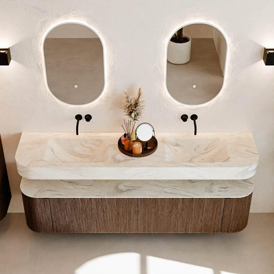 MONDIAZ THOR-DLUX 190cm badmeubel ronding links + rechts kleur Walnut met 2 lades en 2 deuren. Vrijhangende wastafel CLOUD Dubbel zonder kraangat kleur Ostra.
