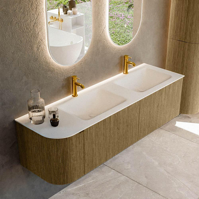 Mondiaz KURVE Ensemble meuble de salle de bains - 155x46x40cm - 2 tiroirs - 1 porte - vasque solid surface - double / droite - 2 trous de robinet - Dusk