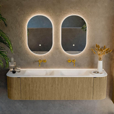 Mondiaz KURVE Ensemble de meuble salle de bain - 170x46x40cm - 1 tiroir - 2 portes - lavabo en solid surface - double - sans trou de robinet - Dusk