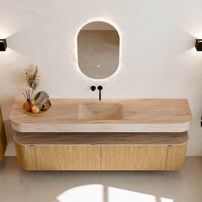 MONDIAZ THOR-DLUX 200cm meuble de salle de bains arrondi gauche + droite couleur Oak avec 2 tiroirs et 2 portes. Vasque suspendue CLOUD Milieu sans trou de robinet couleur Saba.