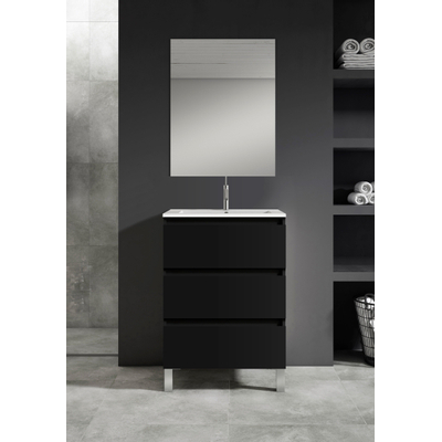 Adema Chaci PLUS Badkamermeubelset - 60x86x46cm - 1 rechthoekige keramische wasbak wit - 1 kraangat - 3 lades - rechthoekige spiegel - mat zwart